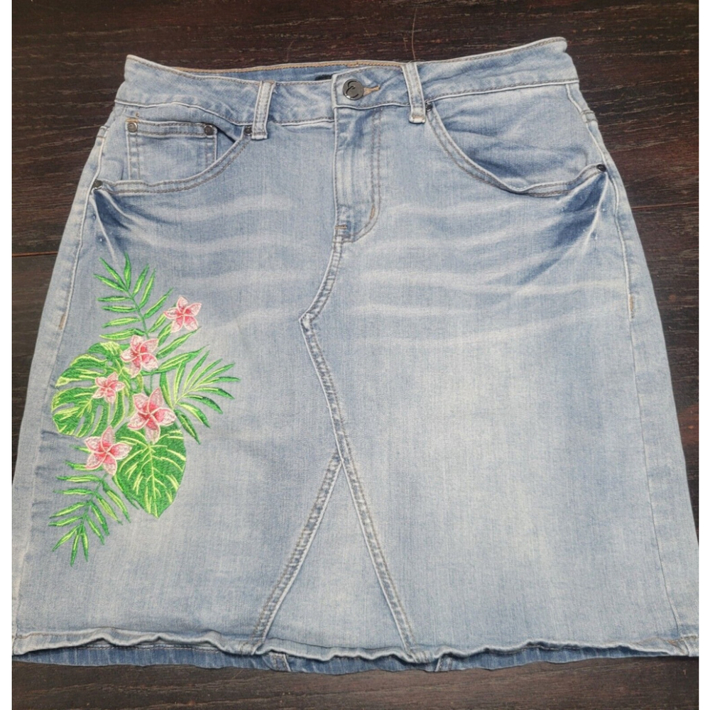Denim Floral Embroidered Skirt